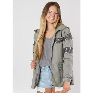 COFFEE SHOP Sequins Hooded Jacket Utility Cargo Pockets‎ Zip-Up  Moto Sz Small
